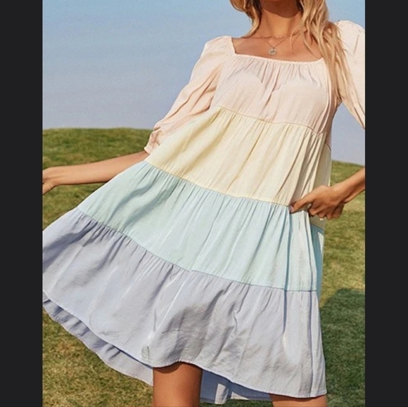 Pastel multicolor tiered dress 3/4 sleeve L XL pink yellow green blue prariecore - Picture 3 of 16